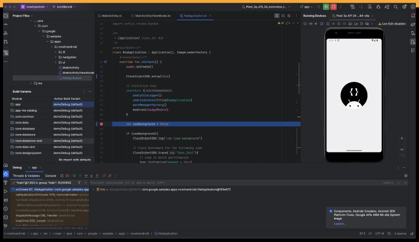 Set breakpoints to pause code execution at specific points, allowing inspection of variables, the call stack, and overall app state.